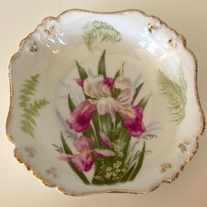 Bavarian RC Pensee china bowl with fuchsia irises and soft green fern leaves